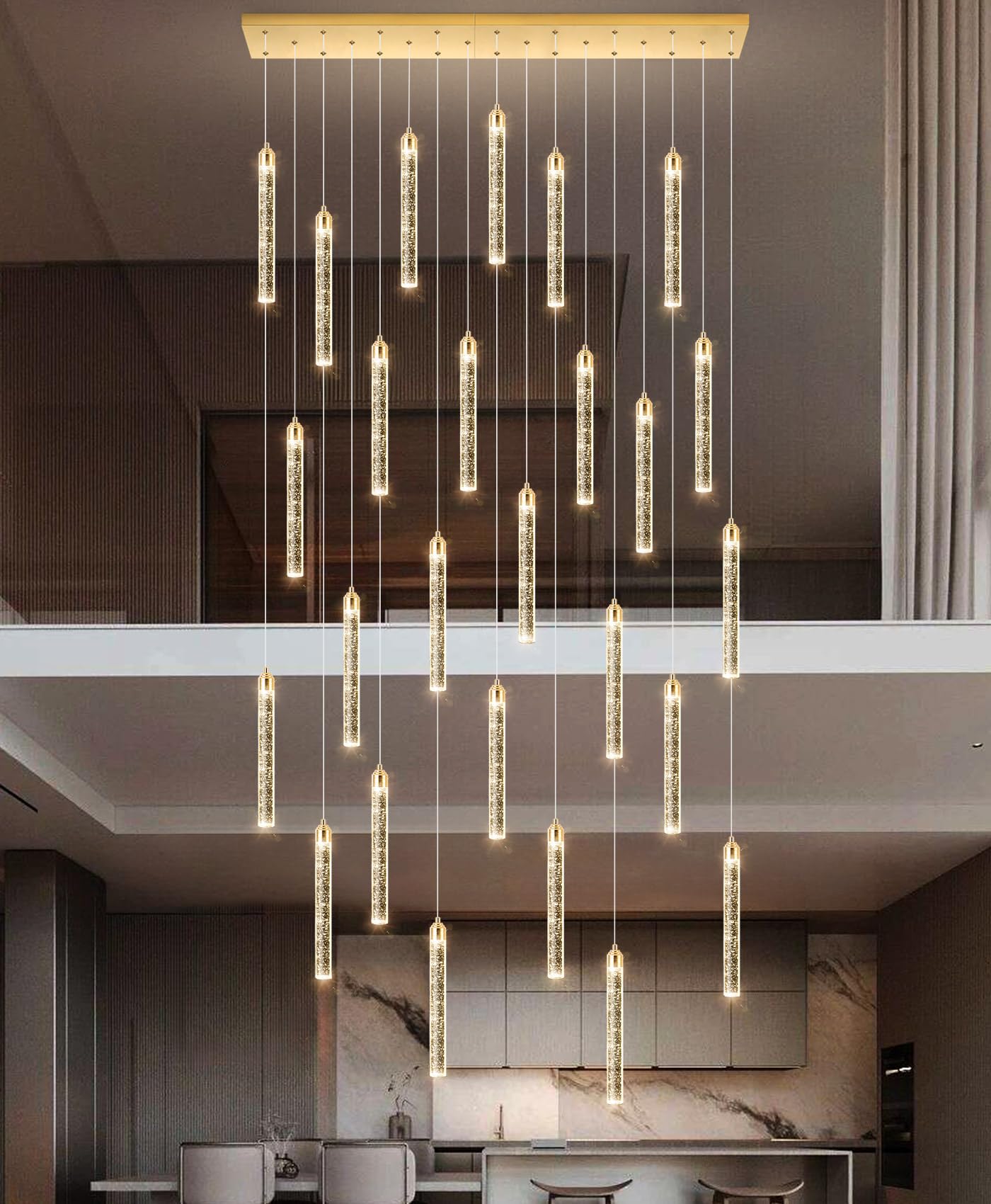 Rectangular Chandeliers 26-Lights Long Light For Entryway Led Dimmable Chandeliers Lighting Fixture Flat Sloped High Ceiling Pendant Lights Crystal For Living Room Foyer Hallway Staircase Gold