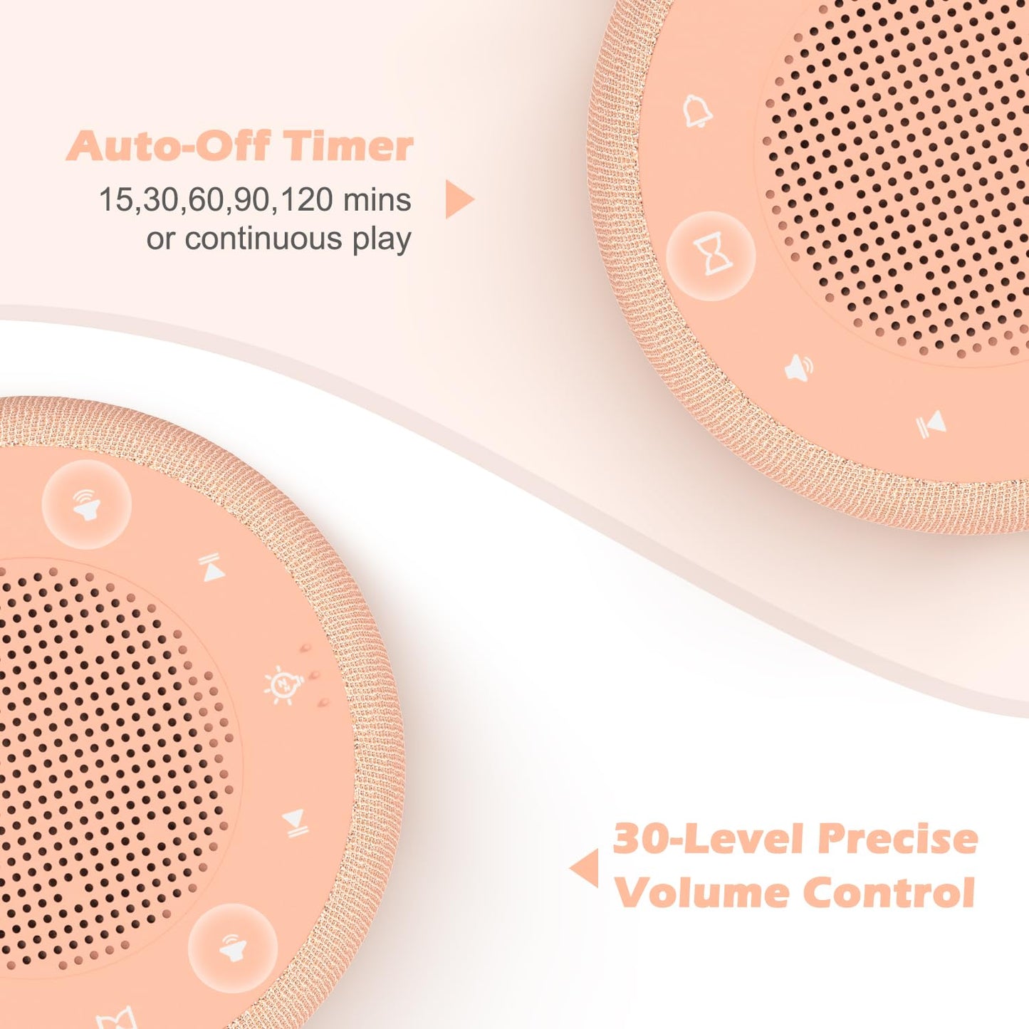 Buffbee Sound Machine & Alarm Clock 2-in-1, 0-100% Clock Face Brightness, Bottom Colored Light, Sleep Timer, Precise 30-Level Volume White Noise Machine, Digital Alarm Clocks for Bedrooms - Peach