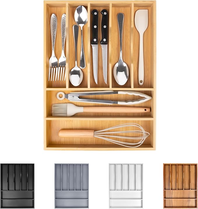 Bellsal Bamboo Silverware Drawer Organizer, Kitchen Utensil Drawer Organizers, 12"x15.7" Utensils Holder Cutlery Tray with Grooved Drawer Dividers for Kitchen Flatware Bedroom Office(7 Slot, Natural)