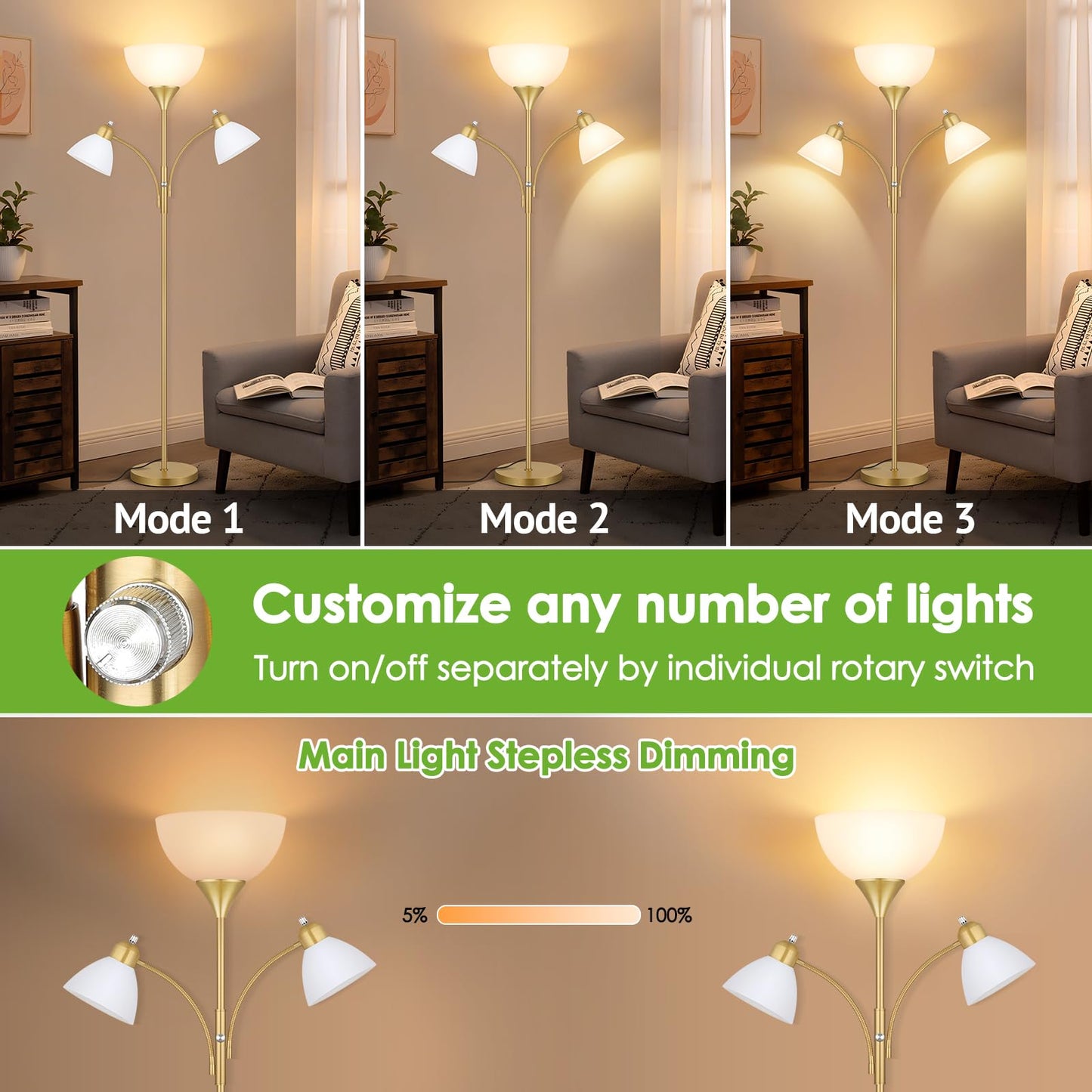 Coucrek Floor Lamp with 2 Reading Lights, 72in Dimmable Torchiere, Gold, Model HD-FL8001, Metal, 3 Bulbs Included