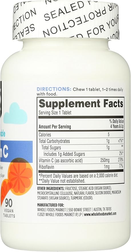 365 by Whole Foods Market, Kid' Chewable Vitamin C, Natural Orange Flavor, Vegan, 90 Count
