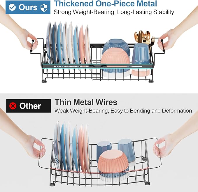 iSPECLE in Sink Dish Drying Rack - Capacity Expandable Over Sink Dish Rack with Mat (15.8"- 20.7"), Dish Drainer for Kitchen Counter with Utensil Holder Large Capacity, Black