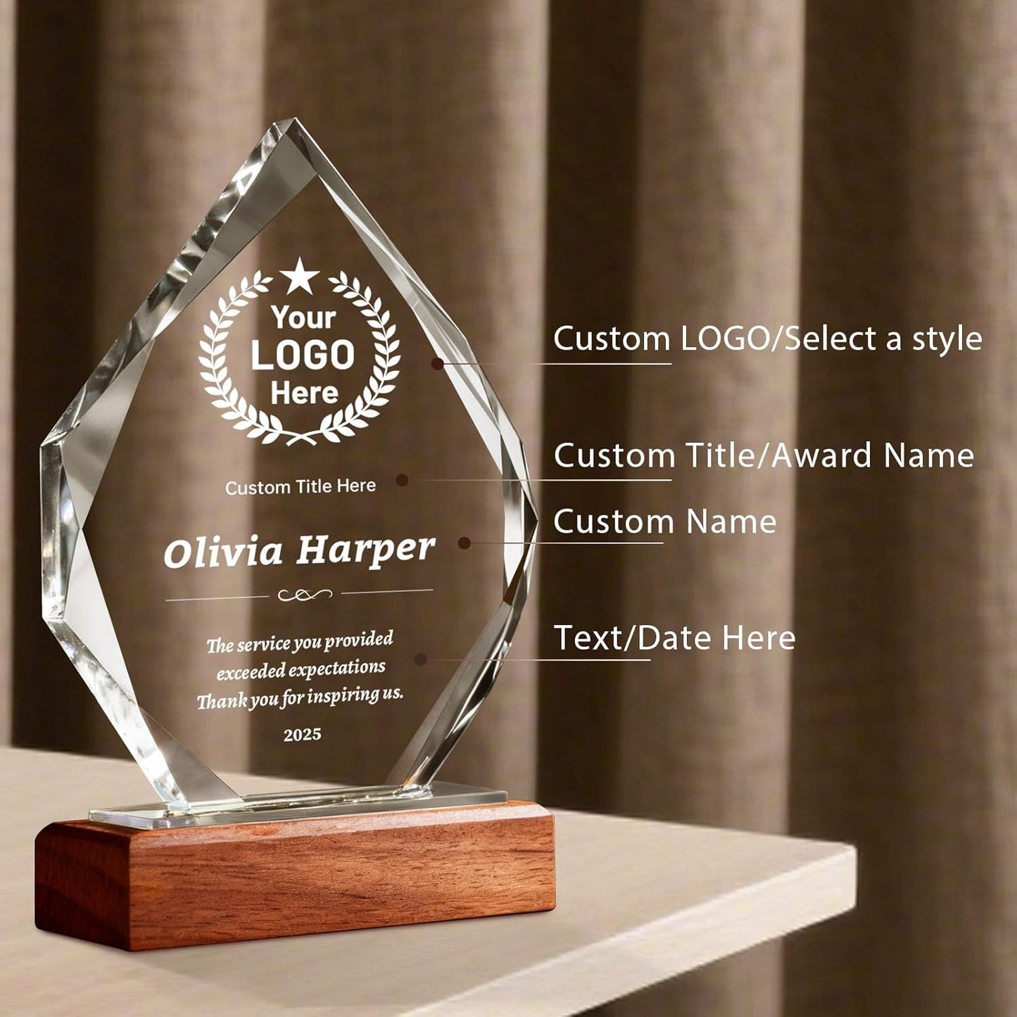 Custom Crystal Trophy Award with Wood Base, Custom Plaque Personalized Engraved with LOGO Text, Employee Appreciation Gift, Retirement Gift for Employee Coworker, Sports Recognition Trophies