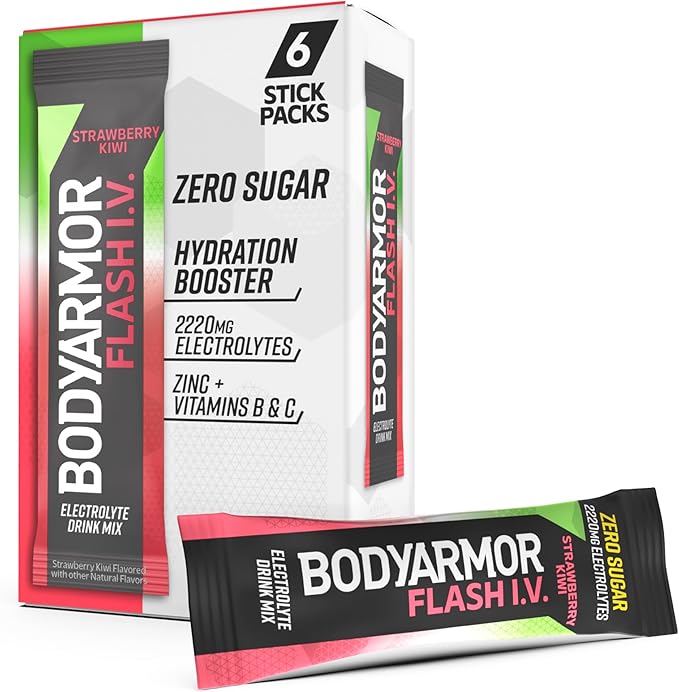 BODYARMOR Flash IV Electrolyte Packets, Strawberry Kiwi - Zero Sugar Drink Mix, Single Serve Packs, Coconut Water Powder (...