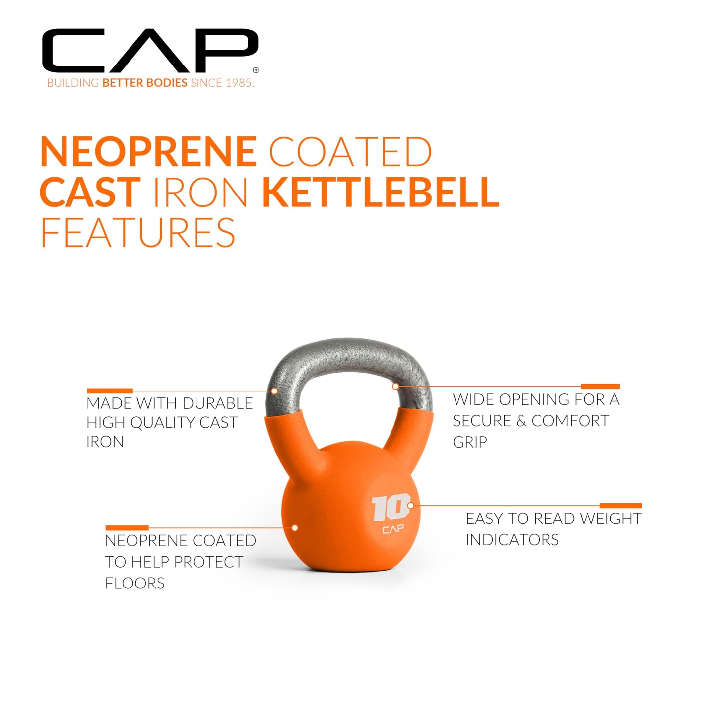 CAP Barbell 10 LB Neoprene Coated Cast Iron Kettlebell - Orange