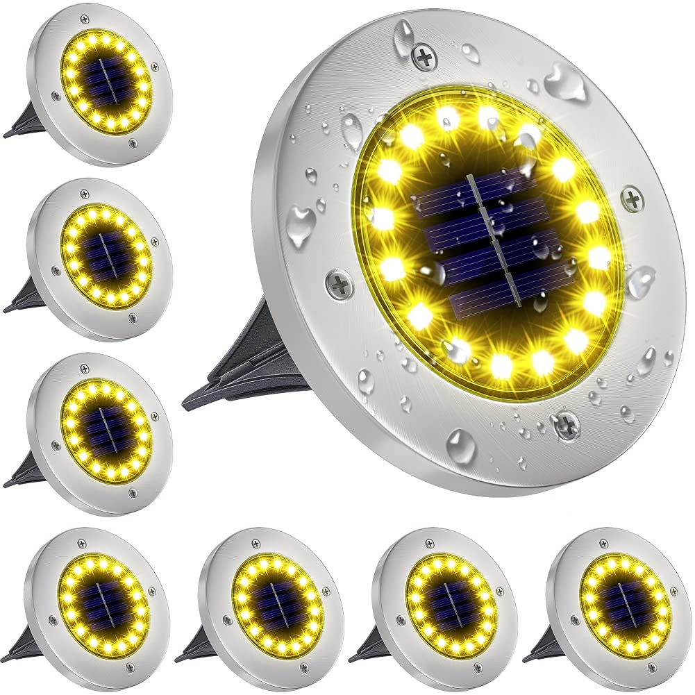 Nfesolar Solar Ground Lights - 16 Led Waterproof Disk Lights, 8-Pack, Warm White - Perfect For Pathway, Garden, And Driveway Lighting