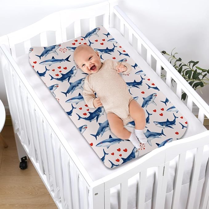 Sea Shark Hearts Changing Pad Cover Sea Ocean Marine Animal Shark Love Diaper Changing Pad Cover for Boys Girls Soft Stretch Diaper Changing Pad Cover Sheets 32''x16''