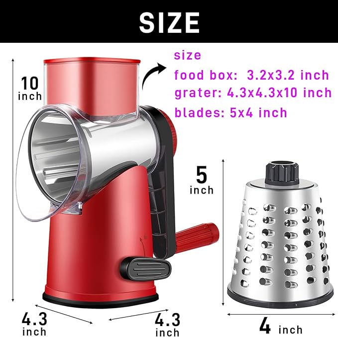 Rotary Cheese Graters with 4 Blades, Hand Crank Cheese Grater with Waffle Slicer, Red, Black and White Cheese Shredder with Suction Base, Easier for Shredding & Grating (Red, 4 Graters)