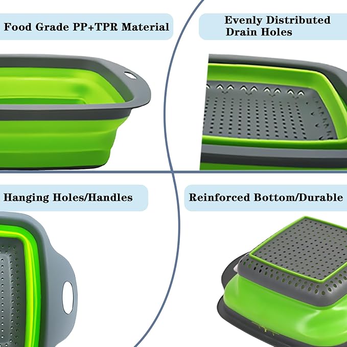 Square Collapsible Colander Set,Save Storage Space Collapsible Colander Strainer with Handle,for Kitchen and Travel Use (Red)