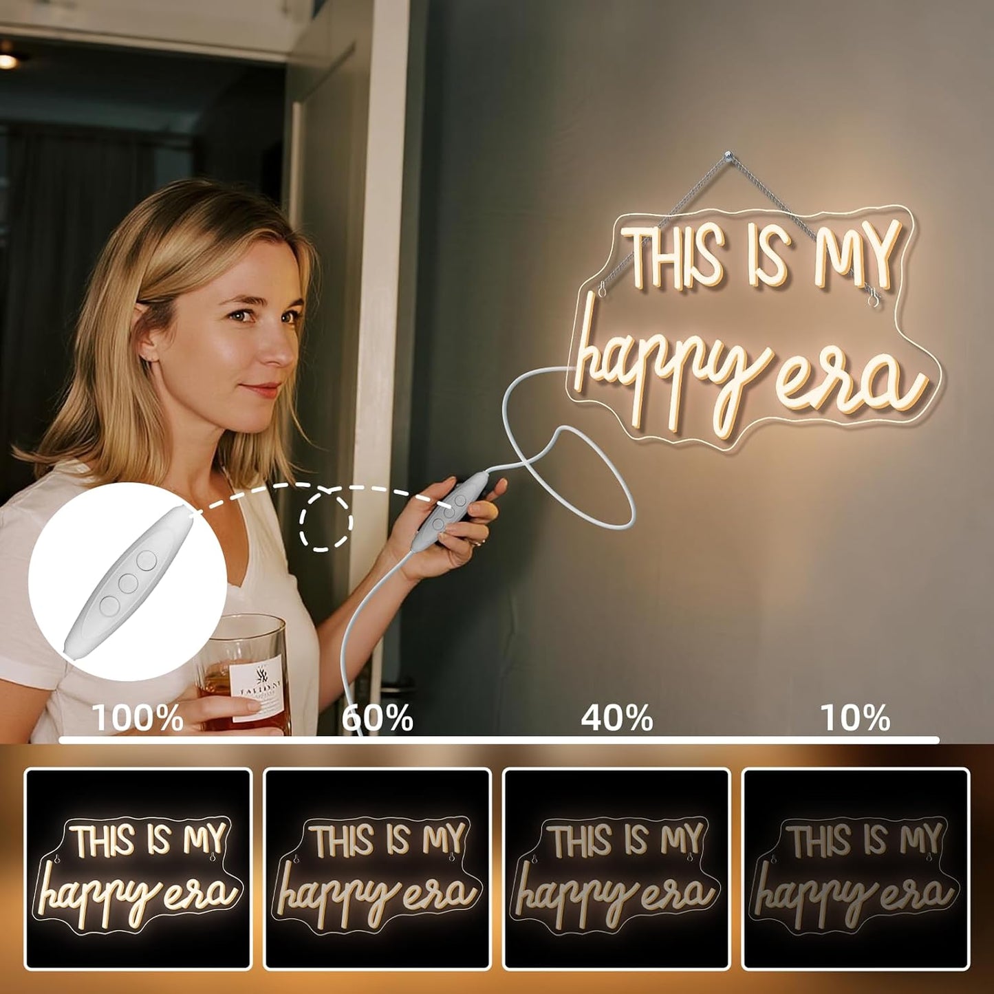 NOSUN This is Our Happy Era Neon Sign Happy Place Neon Signs for Wall Decor Dimmable Warm White LED Signs for Bedroom Classroom Man Cave Home Bar Birthday Party Game Zone Decor Neon Classroom Sign
