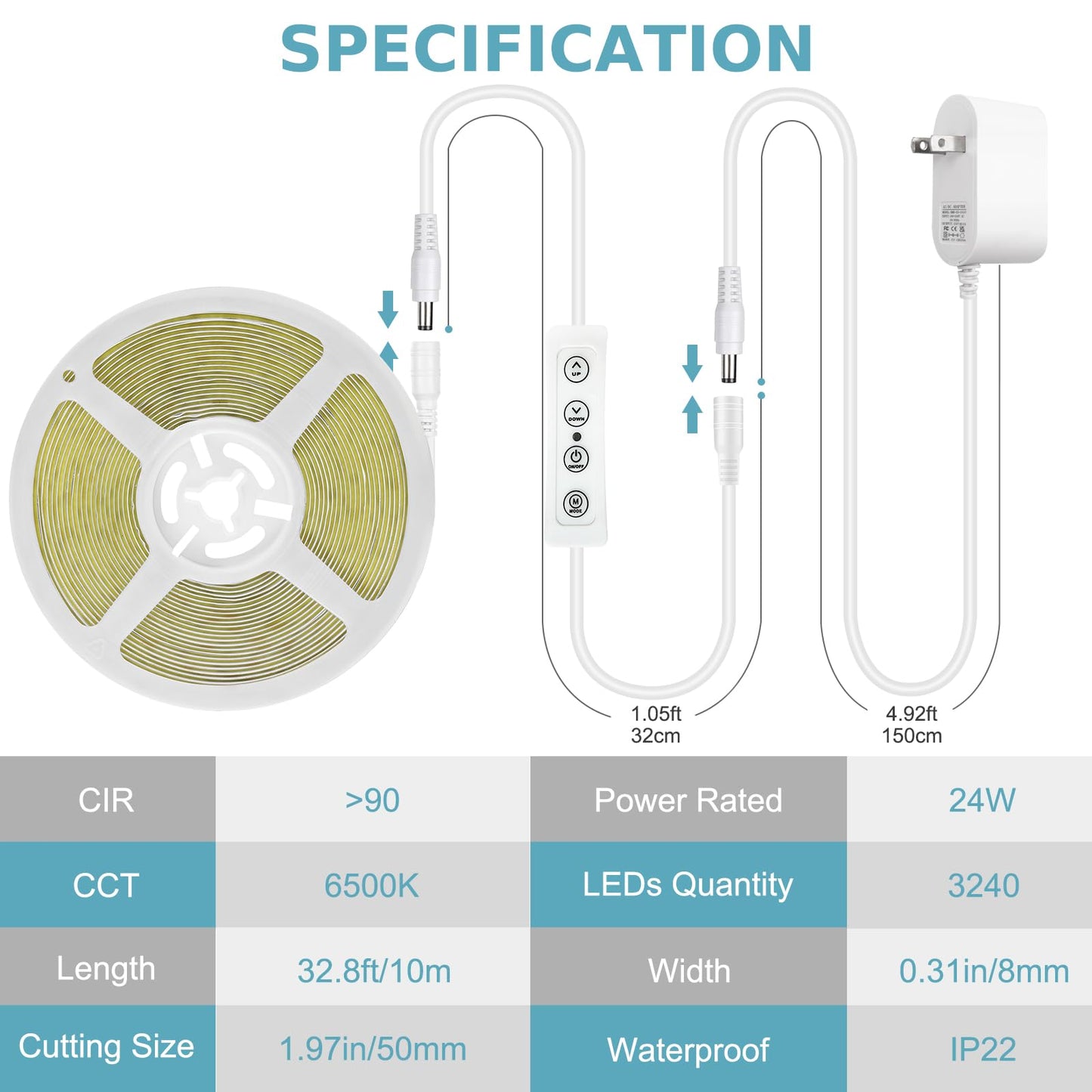 Wefomey Cob Led Strip Light  32.8Ft Dimmable 6500K Super Bright Daylight White 24V Flexible Led Tape Light With Remote  For Home  Kitchen  Diy Lighting