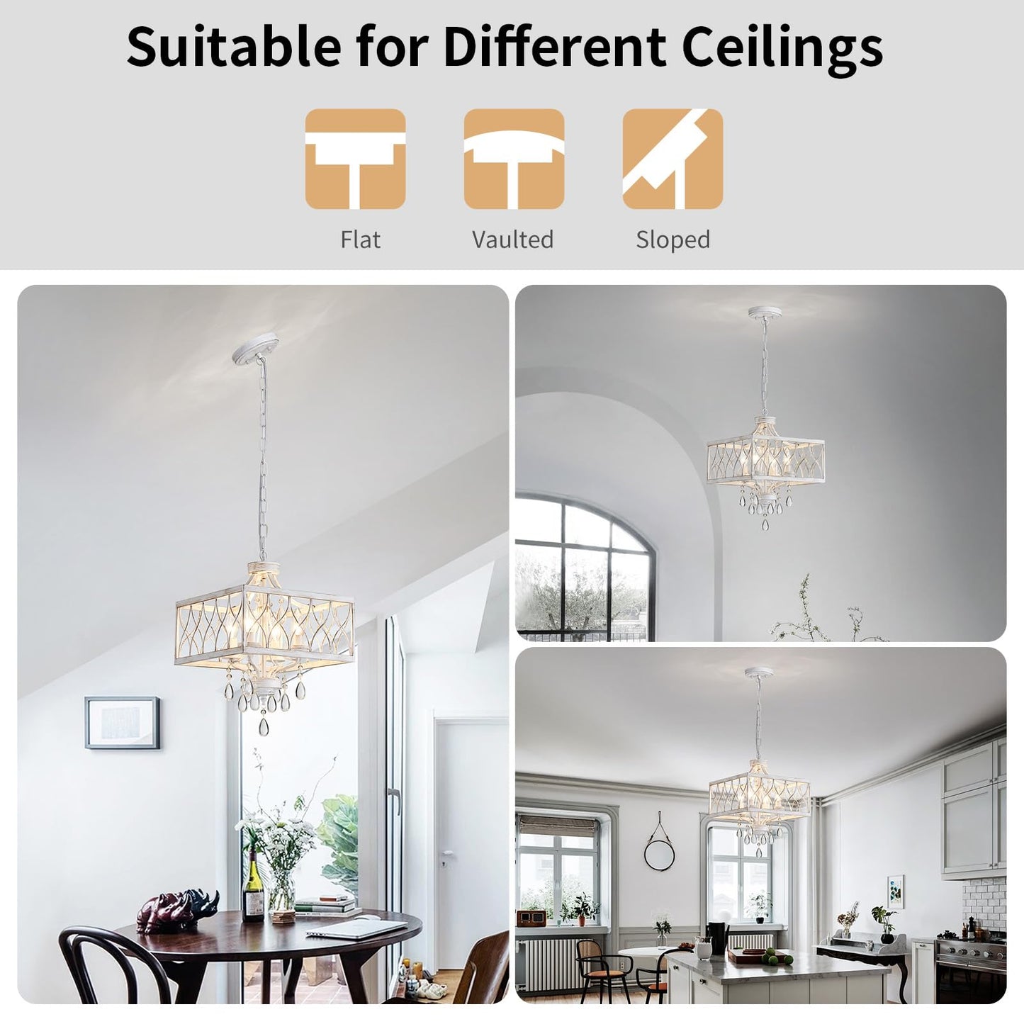 Farmhouse Crystal Chandelier White Modern K9 Crystal Ceiling Chandelier Lighting Fixture  Hanging Pendant Light Fixture  Kitchen Island Lighting For Dining Room Living Room Entryway Bedroom Hallway