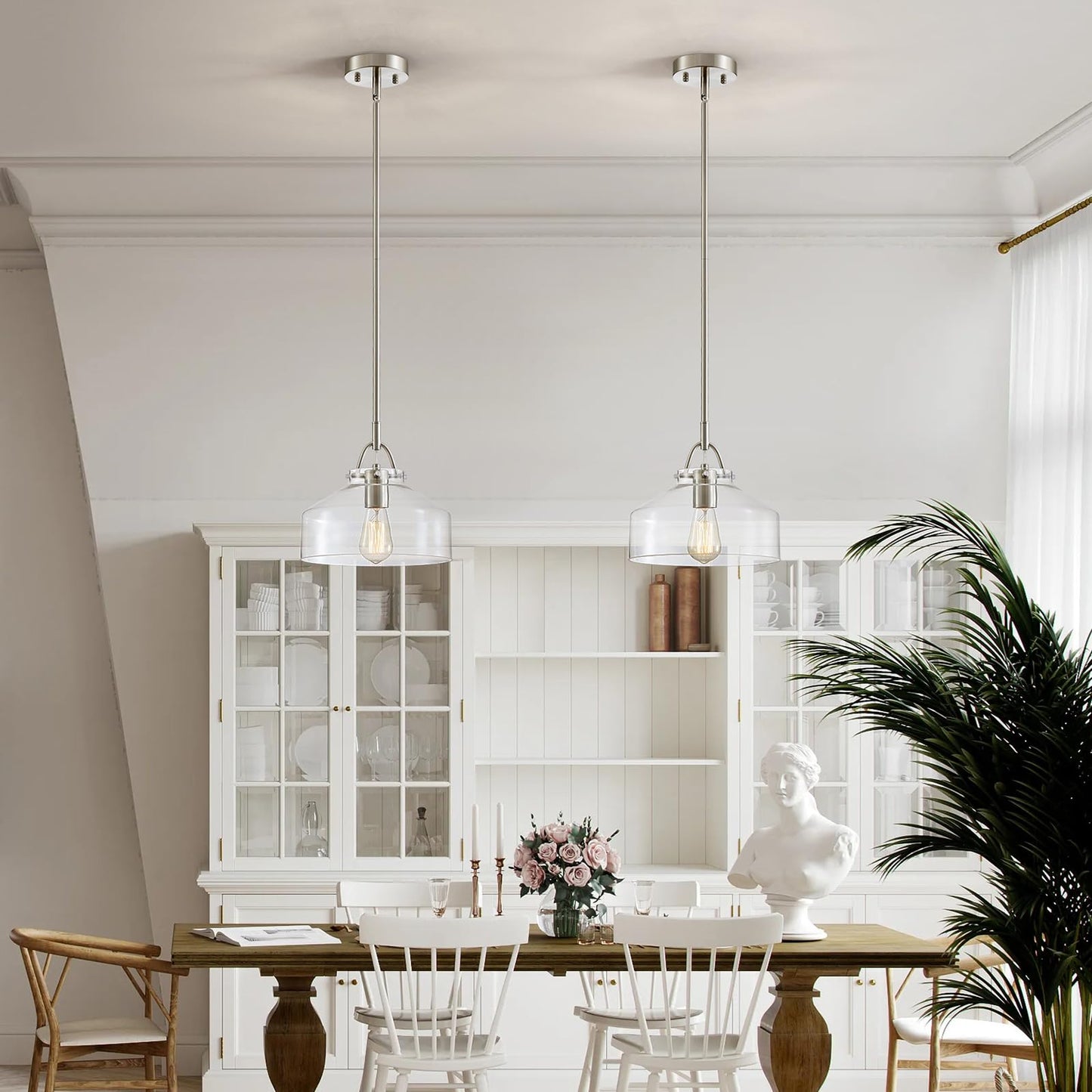 Wuzups Chandelier Rustic Farmhouse Industrial Round Ceiling Pendant Led Light Fixture With Clear Glass Shades For Dining Room Kitchen Island Foyer Entryway  H 9.4 X W 10.6  E26 Base  Brushed Nickel