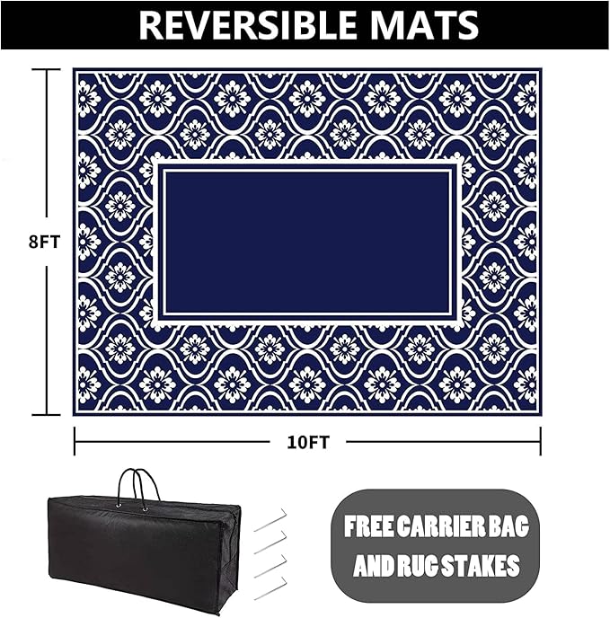 Outdoor Rug 8x10 Patio Waterproof Mat Camping Carpet Blue Outside Area Rug Reversible Rugs for RV Deck Entryance Porch Picnic Balcony Beach