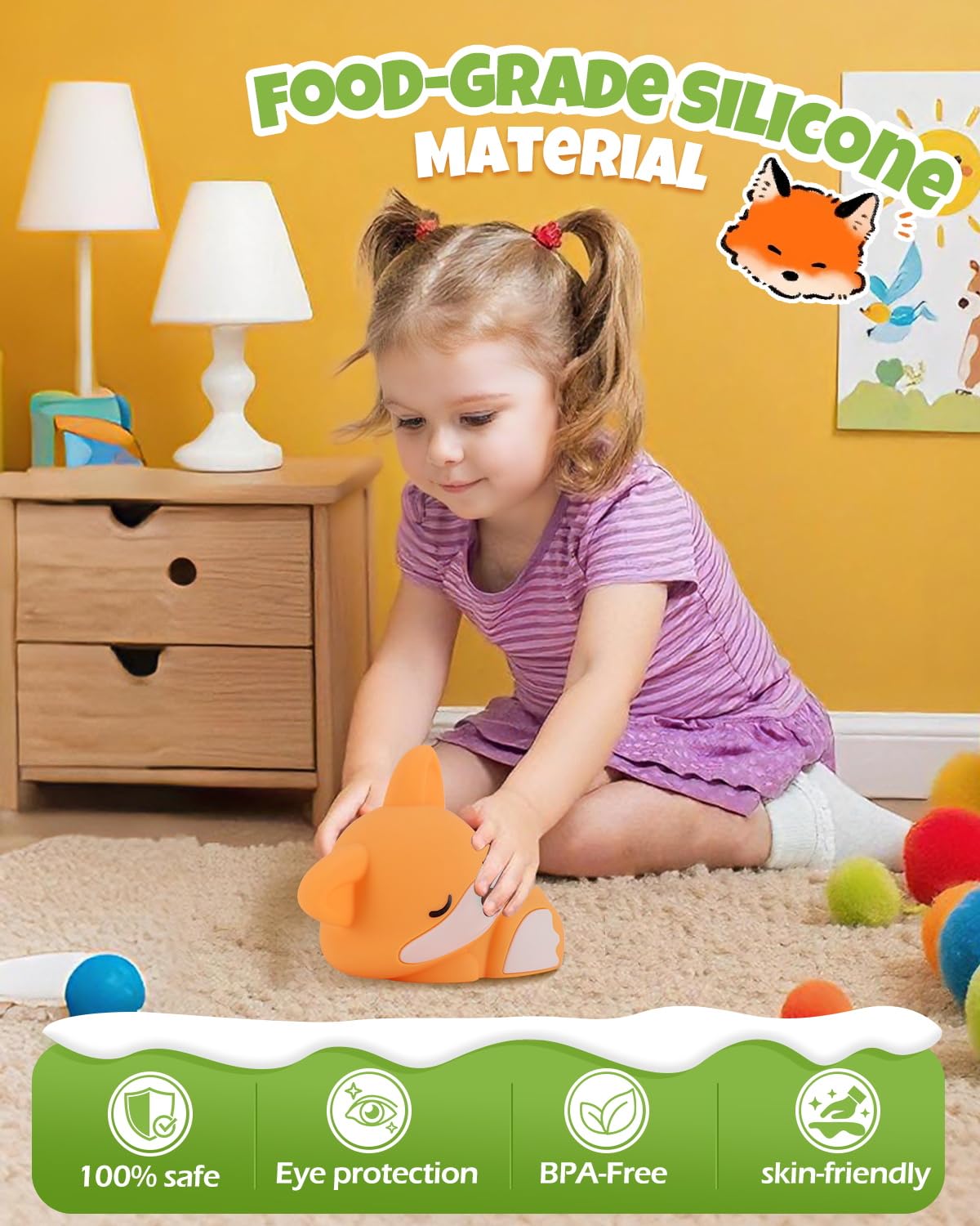 Cute Fox Night Light  Animal Lamp  Food Grade Silicone  Rechargeable  2 Level Dimmable  Squishy Nursery Nightlight For Desk Decor  Funny Gifts Stuff For Boys Girls Baby  White Elephant Gifts