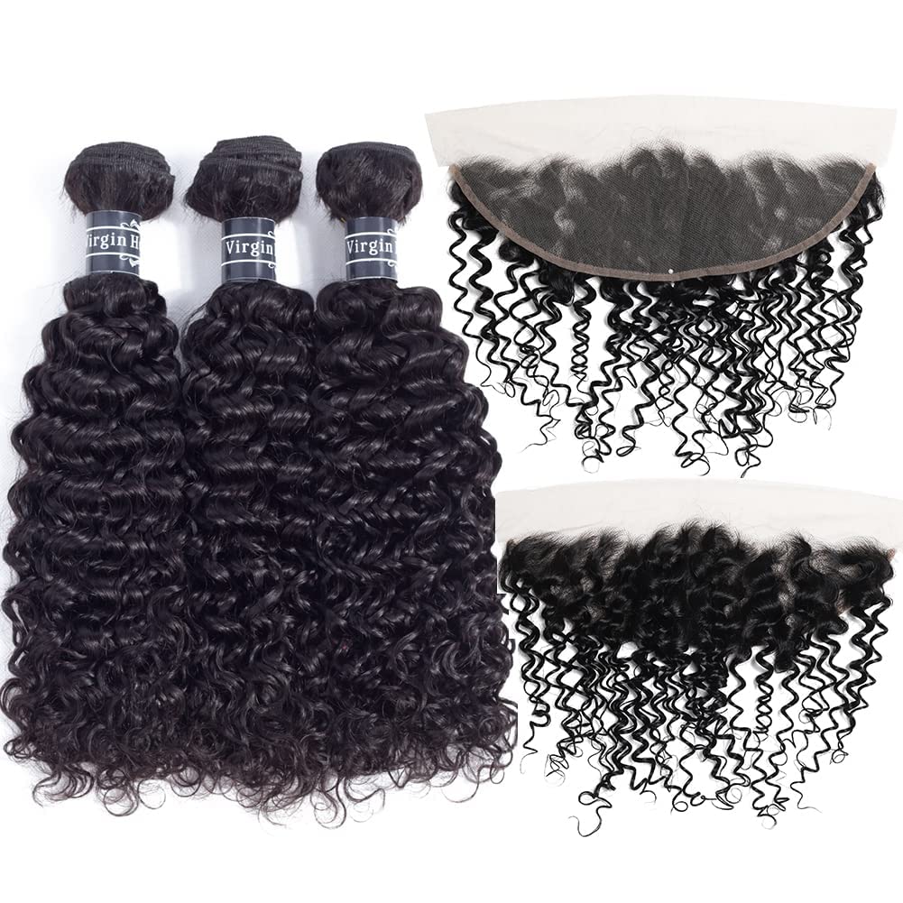 Amella Hair 8A Brazilian Virgin Curly Hair 3 Bundles with Lace Frontal non Baby Hair 100% Unprocessed Human Hair Weave with Free