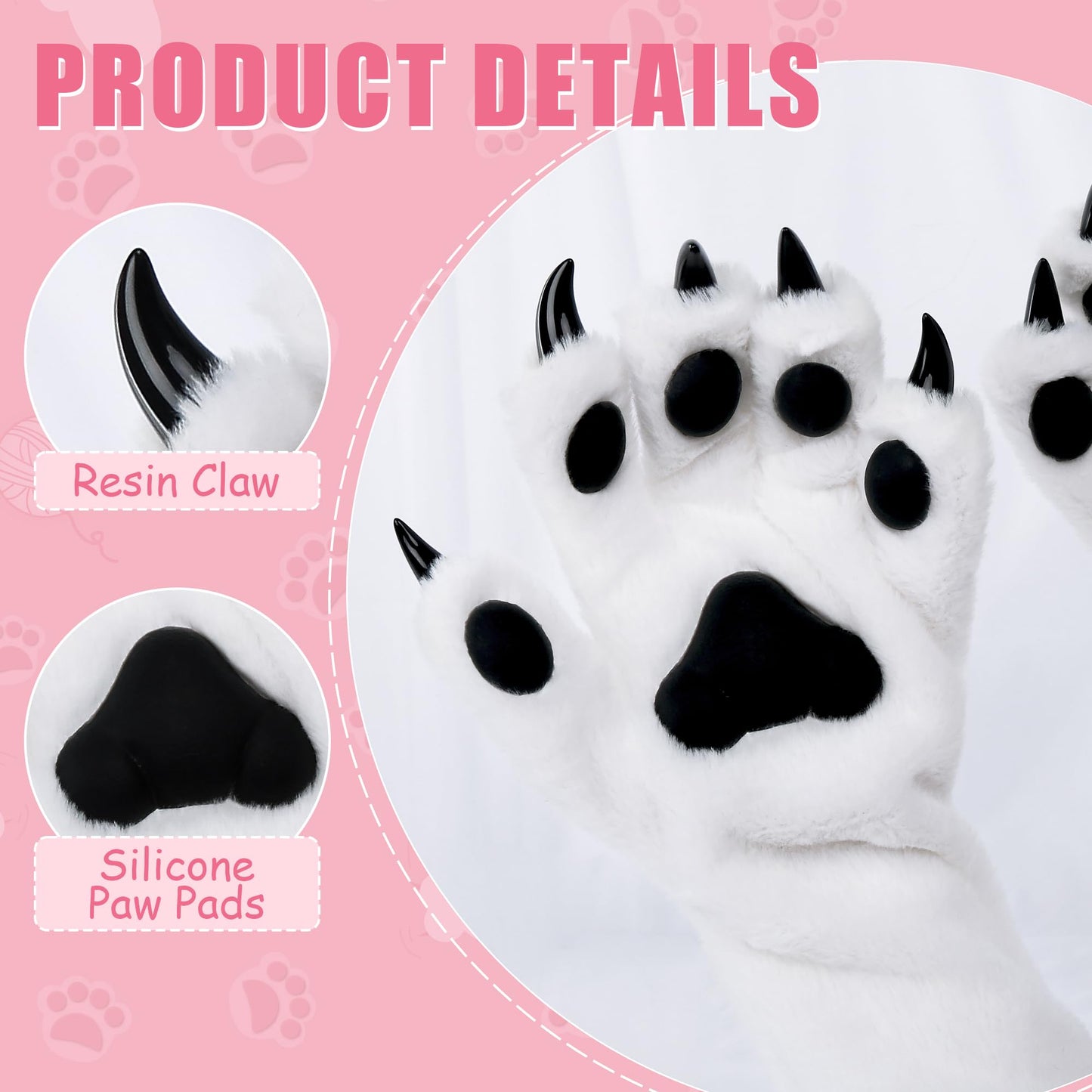 ZFKJERS Cosplay Furry Cat Claw Long Gloves Five-Finger Paws Mittens Costume Accessories for Halloween (White Black, Medium)