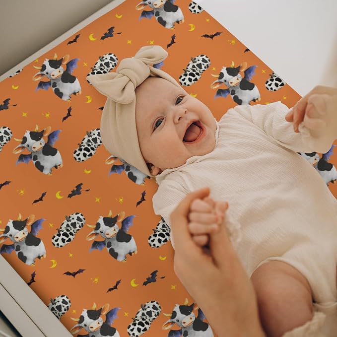 Halloween Cow Bats Pumpkins Baby Changing Pad Covers for Boy Girl Cute Cows Moon Stars Fitted Change Table Pad Covers Mats Spooky Farm Animal Soft Diaper Change Table Cover Sheets 32''×16'' Orange