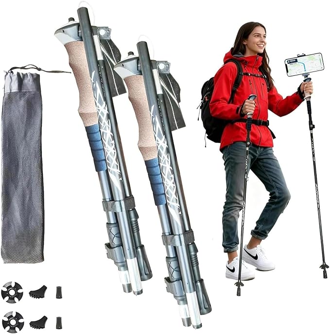 QIYUANCHUANG Collapsible/Foldable Camera & Phone Mount Ready Trekking Poles - Ultra-Portable for Travel & Hiking, Lightwei...