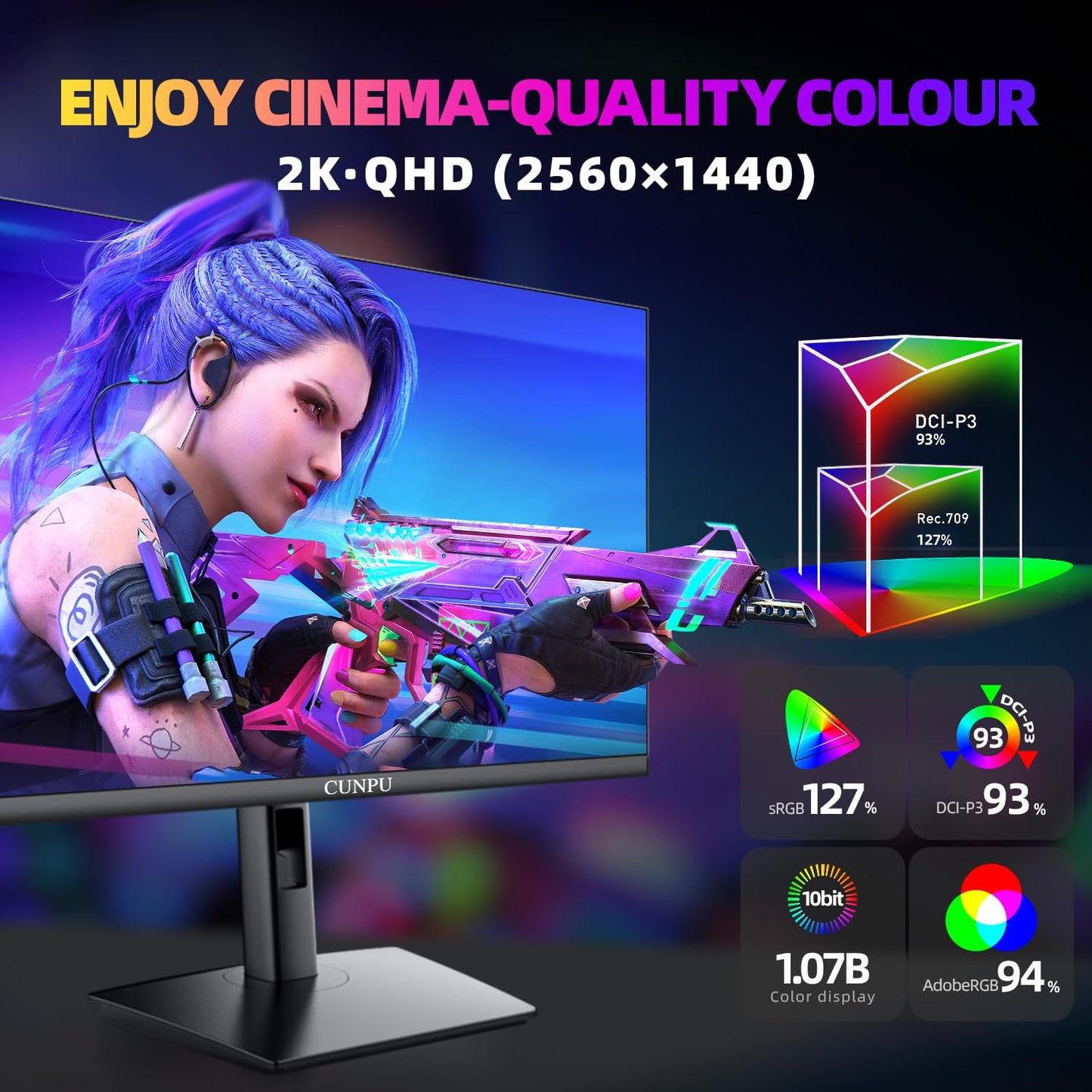 CUNPU 27 Inch QHD 2560 x 1440 Gaming Monitor, 180Hz (Up to 200Hz),1ms GTG, Fast IPS, DCI-P3 93%, High Brightness 450cd/㎡, G-Sync & FreeSync, Tilt Stand, DP/HDMI, 144Hz 2K Monitor