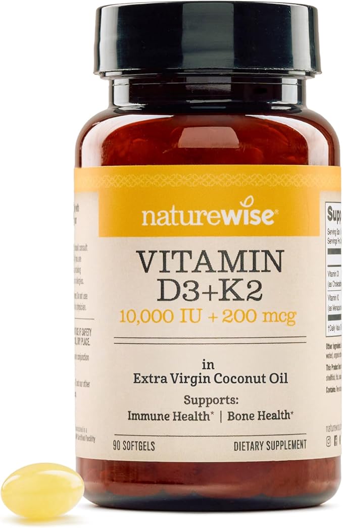 NatureWise Vitamin D3 10,000 IU Plus K2 (MK-7) 200 mcg with Organic Extra Virgin Coconut Oil - Supports Calcium Absorption, Bone, Heart & Immune Health - Non-GMO, Soy & Gluten-Free - 90 Softgels