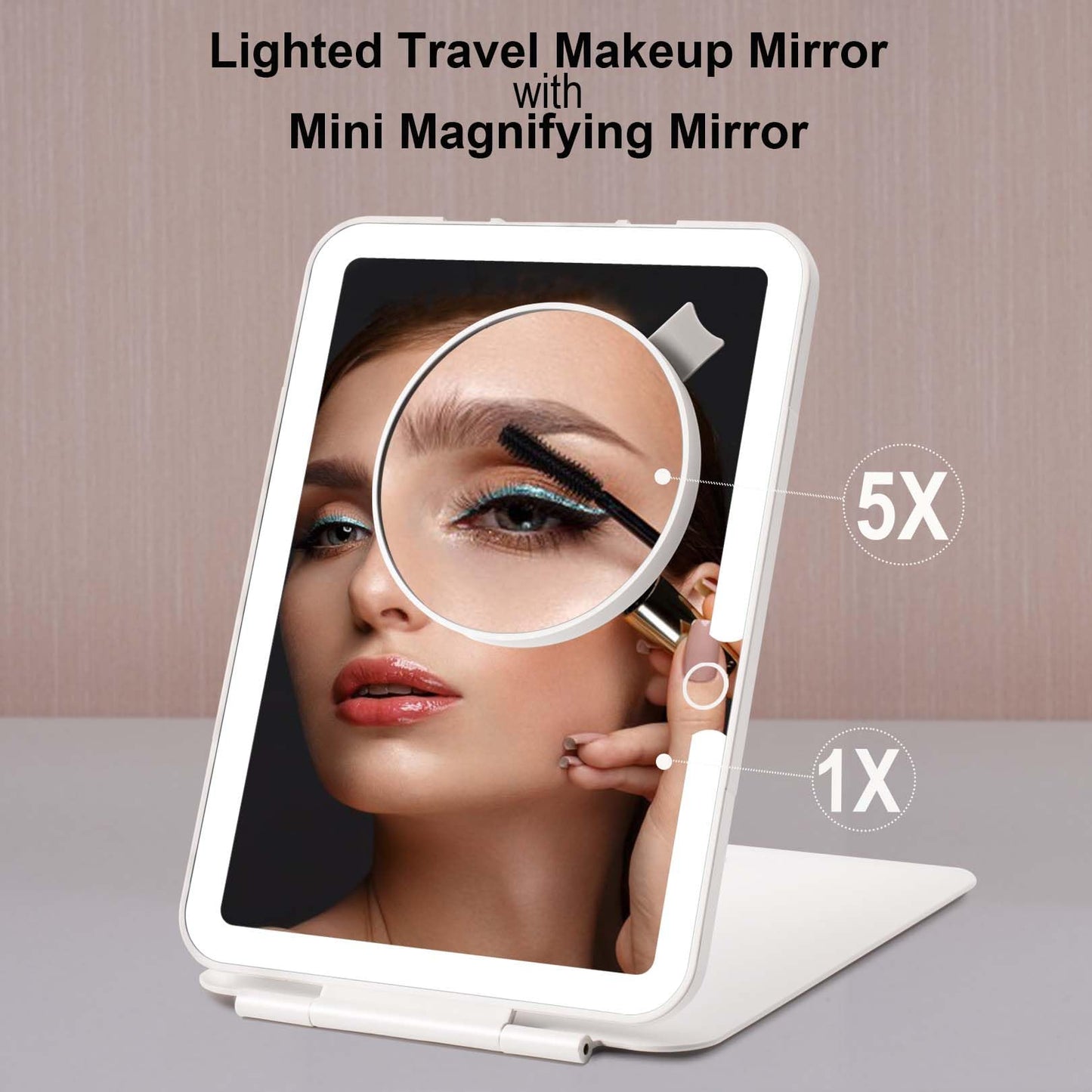 Dear girl Travel Makeup Mirror with Lights, Rechargeable Portable Lighted Mirror, 3 Color Light Dimmable Touch Screen, 1X Light