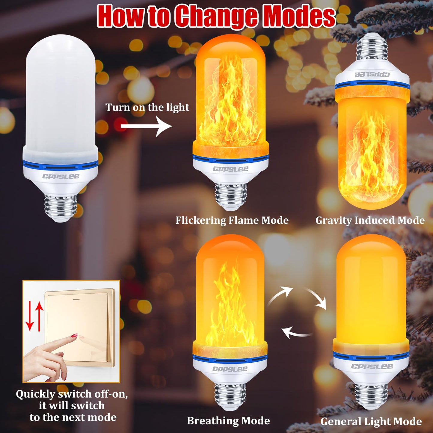 CPPSLEE Upgraded LED Flame Light Bulbs, 4 Modes Flickering Light Bulbs, E26 Base Fire Flame Bulb for Christmas Decorations Outdoor, Halloween Lights Patio Indoor Home Decor (Yellow, 2 Pack)