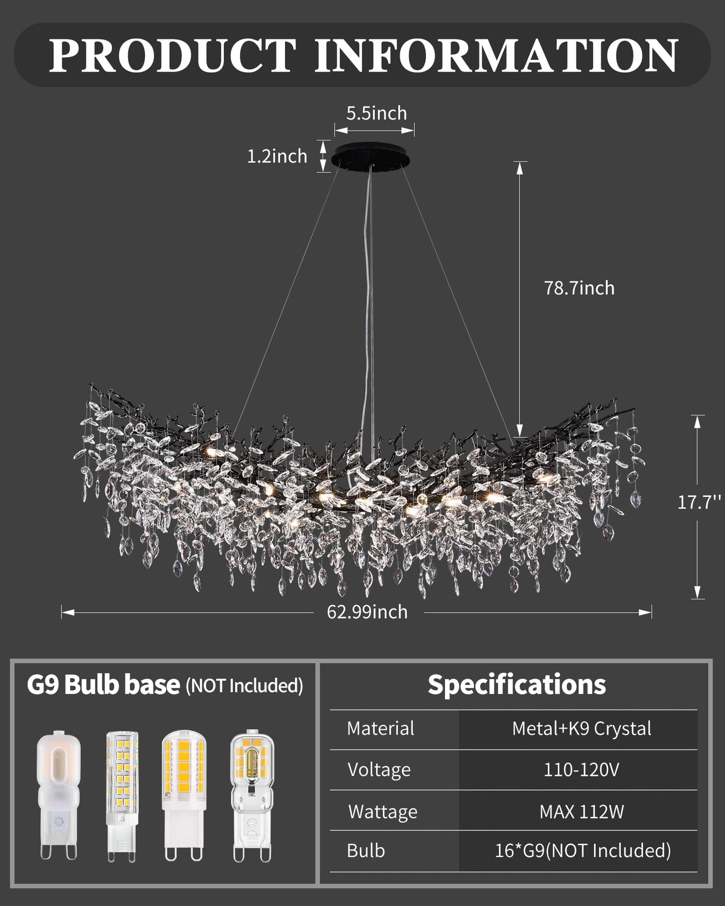 Black Chandelier  16 Light Modern Chandelier For Dining Room Over Table  Industrial 63 Hanging Lighting With K9 Crystal Tree Branch Rectangular Chandeliers For Living Room Kitchen Island
