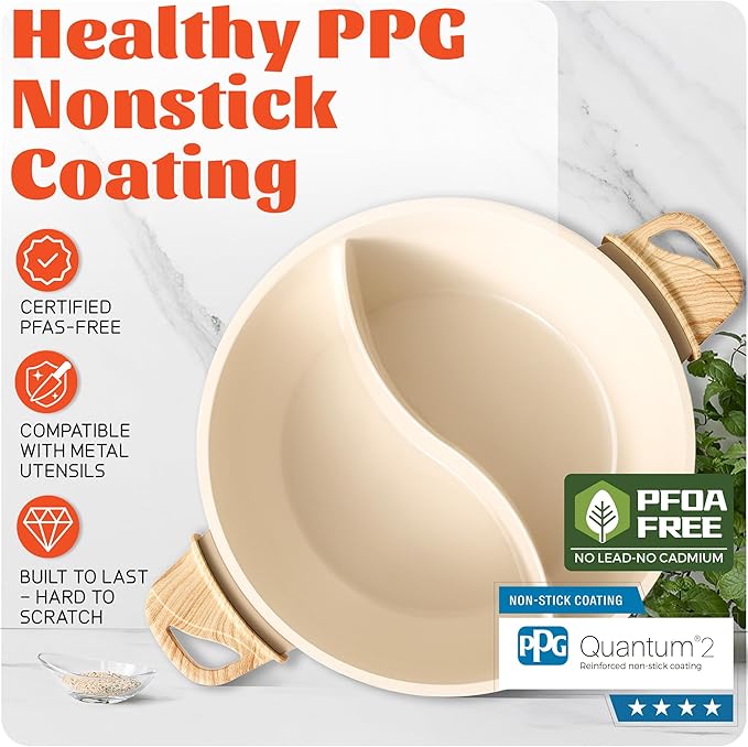 TWIN™ Electric Hot Pot with Divider | PFAS-Free Ceramic Nonstick Pot | EvenHeat Cast Aluminum Body | 1500W Fast Heating | Dual-Flavor Shabu Shabu Pots for Family Use | 1-Yr Warranty