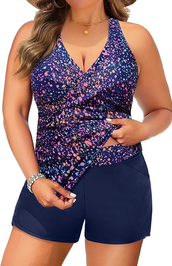 Daci Plus Size Tankini Swimsuit for Women - Two Piece Tummy Control Bathing Suit Tankini Top with Two Pockets Shorts