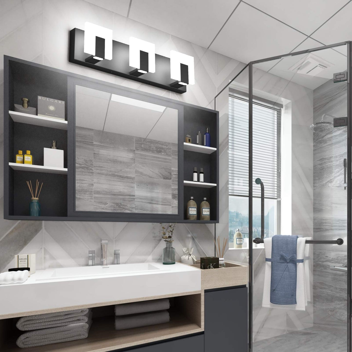 Aipsun Modern Black Led Vanity Light Fixture, 3 Lights, Aluminum, Model Gw-1105, Up And Down Design For Bathroom Over Mirror