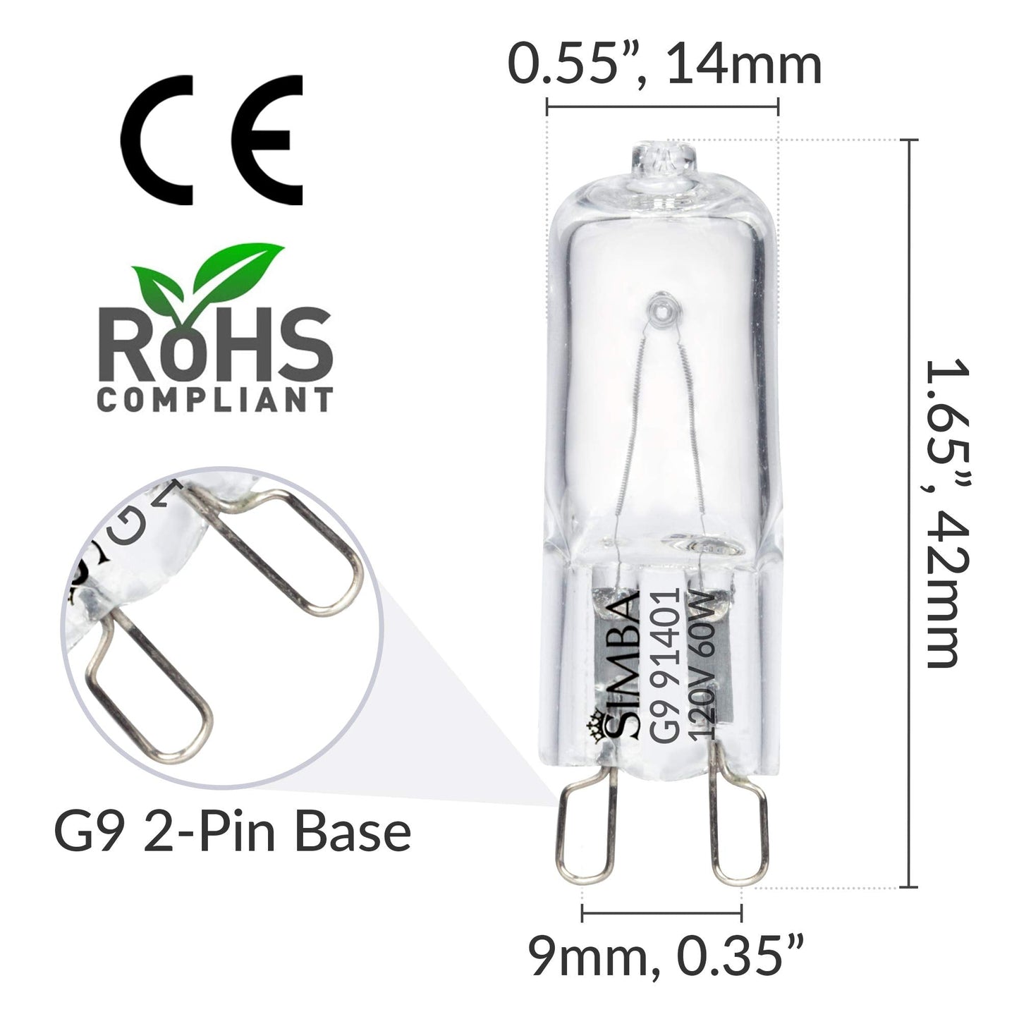 Simba Lighting Halogen Light Bulb G9 T4 60W Jcd Bi-Pin (10 Pack) For Chandeliers  Pendants  Cabinet Lights  Landscape Lights  Desk And Floor Lamps  Wall Sconces  120V Dimmable  2700K Warm White