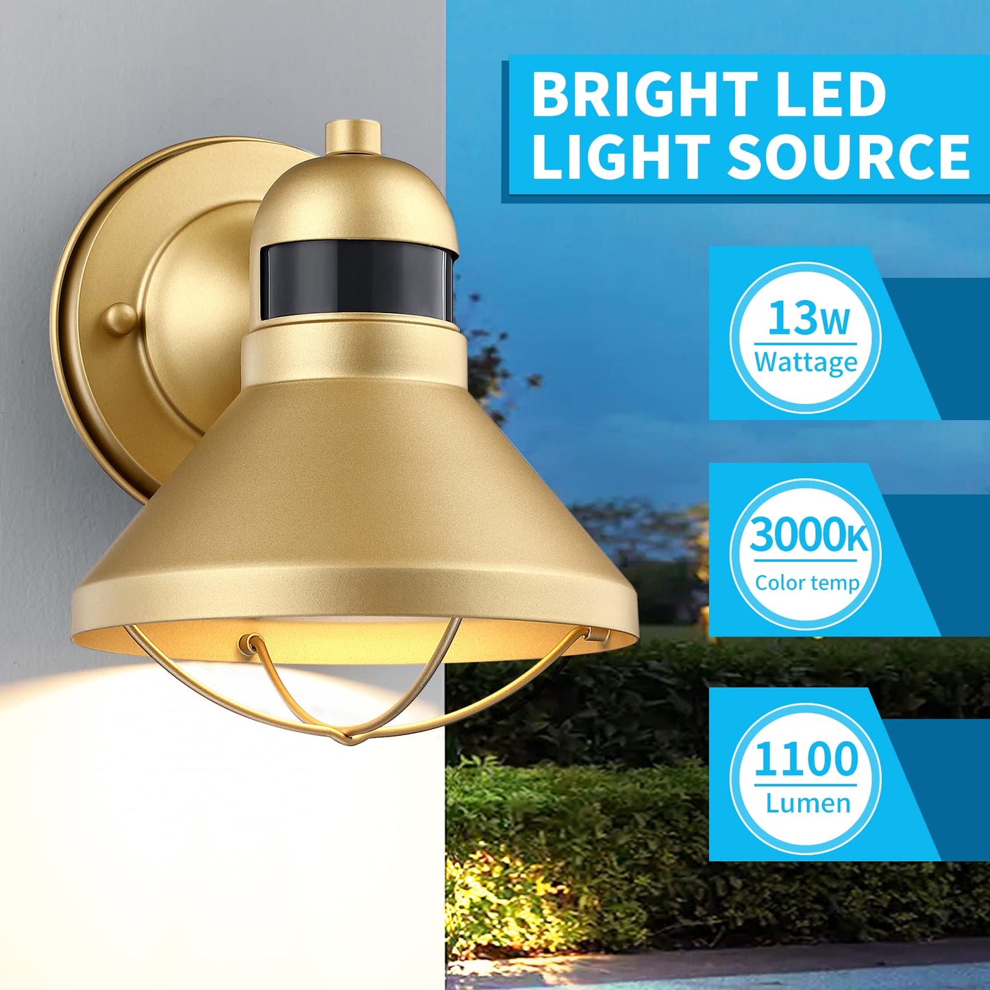 LONEDRUID Motion Sensor LED Outdoor Barn Light, Waterproof Metal Wall Sconce, Rustic Gold, Dusk to Dawn, Ideal for Garage and Patio