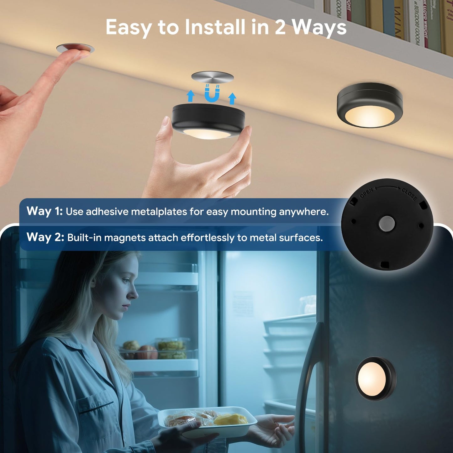 Yiliaw LED Puck Lights with Remote Control, 12 Pack, AA Battery Operated, 12 Color, Black-Magnetic, Plastic