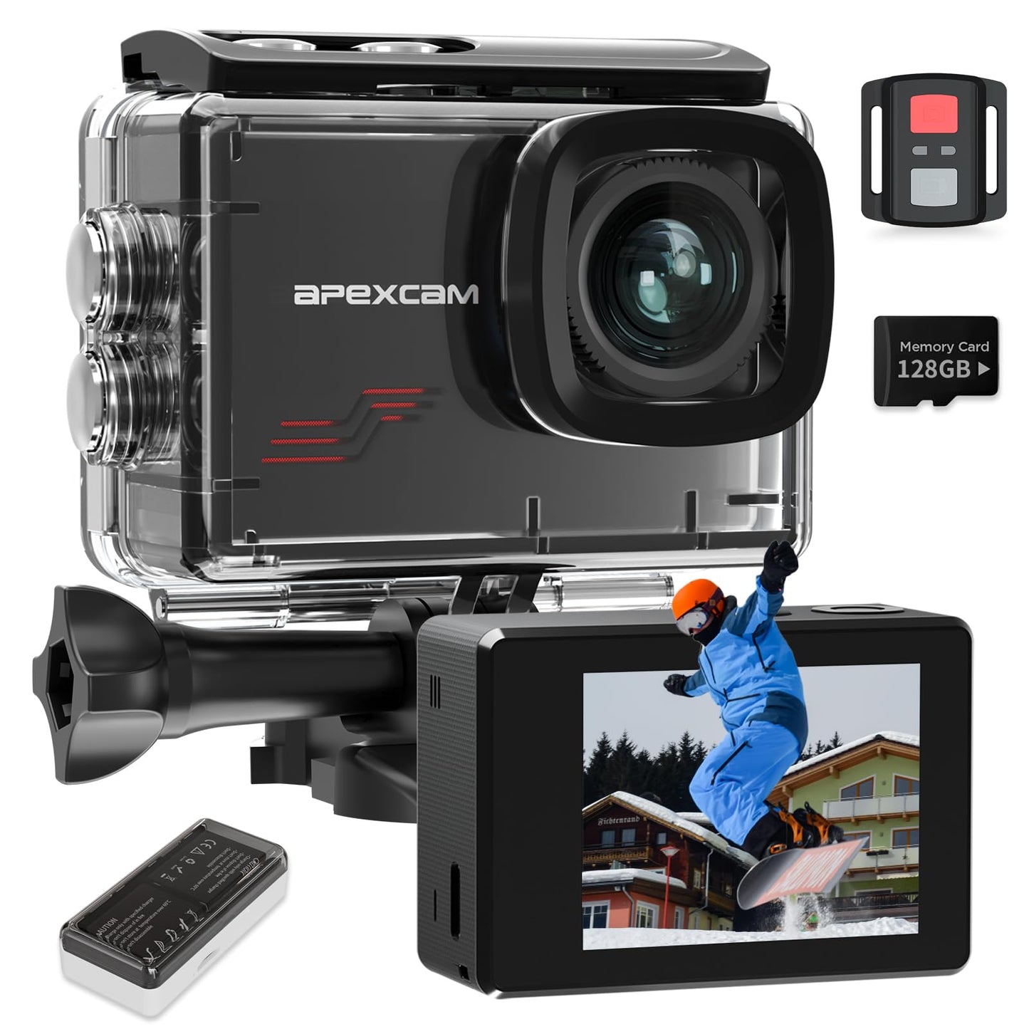 Apexcam Action Camera 4K 60Fps With 128Gb Card, 64Mp Sports Camera Helmet For Vlogging, 131Ft Waterproof Camera Underwater, 170