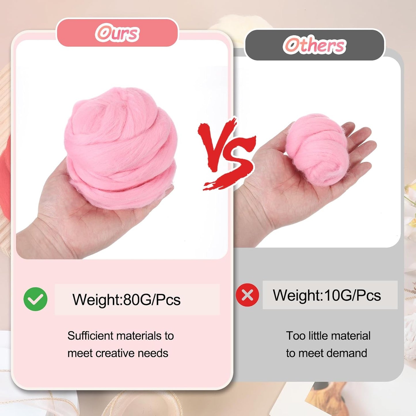 PATIKIL Wool Roving Yarn, 80G/2.82OZ Soft Felting Wool Pure Chunky Roving Yarn Bulk for Needle Felting Knitting Blanket Spinning Weaving DIY Craft, Light Pink