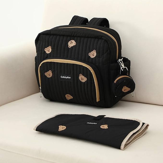 Diaper Bag Backpack, Medium Maternity baby bag & Changing Pad, Insulated Pockets, Stroller Straps & Pacifier Case (Medium - Black Bears)