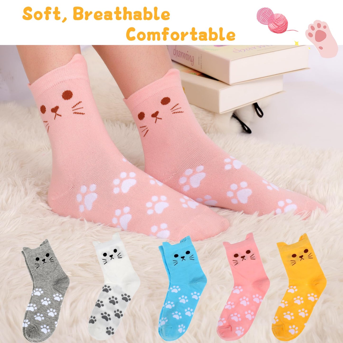 ZXGXLAW 5 Pack Women's Cat Socks Colorful Cute Funny Crew Socks,Novelty Gifts for Teenage Girls Girlfriend Animal Lovers