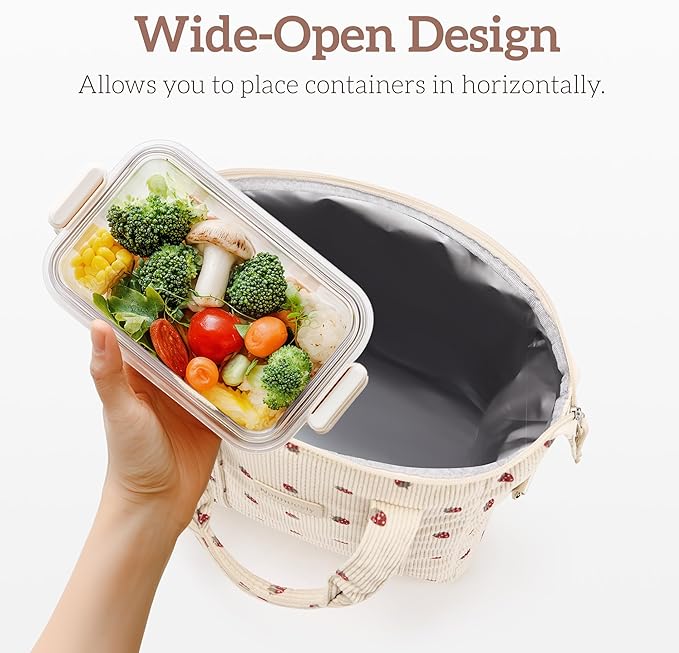 Lunch Bag Women Insulated Lunch Box,Cute Corduroy Lunch bags,Reusable Large Capacity Leakproof Cooler Bag with Adjustable Shoulder Strap for Men Adult Work Office Picnic Travel Strawberry