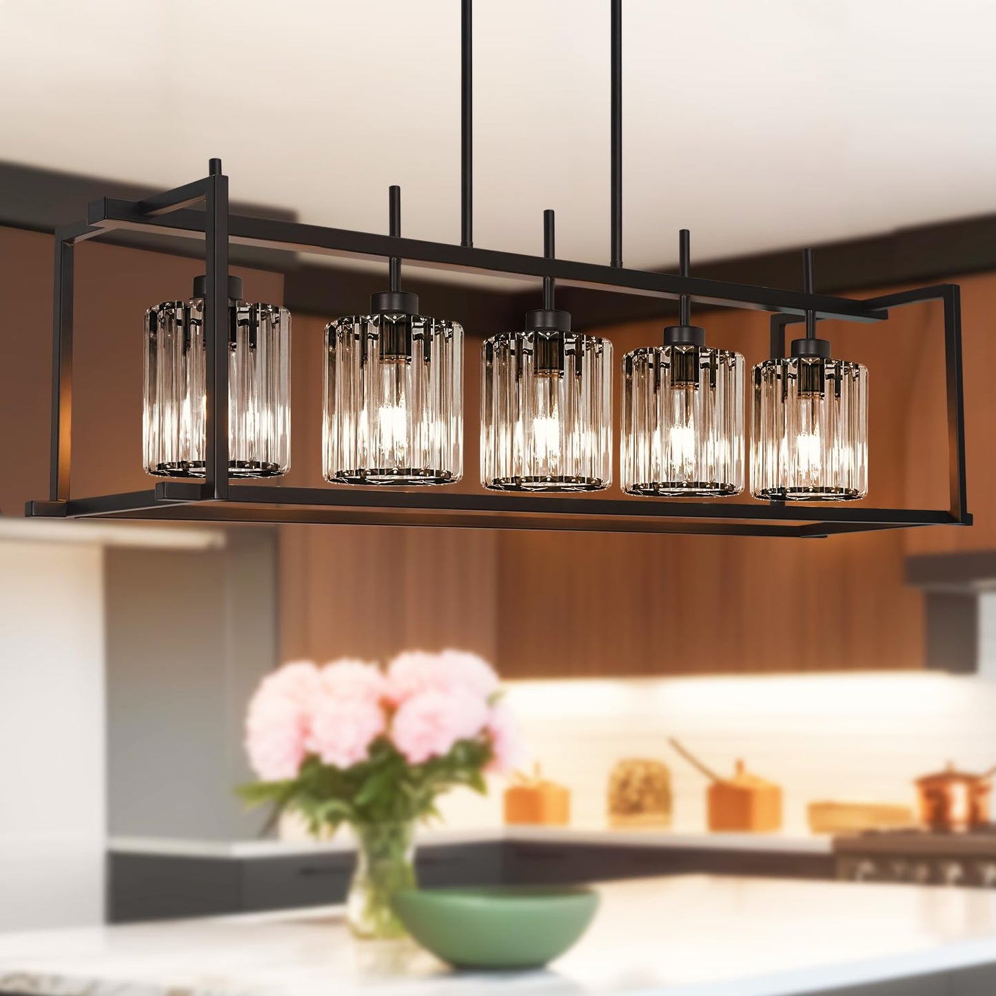 Dsmjfu Black Farmhouse Rectangular Chandelier For Dining Room  5-Light Linear Pendant Lighting  Rectangular Kitchen Island Light With Crystal Shades  Adjustable Height Rectangle Hanging Lighting