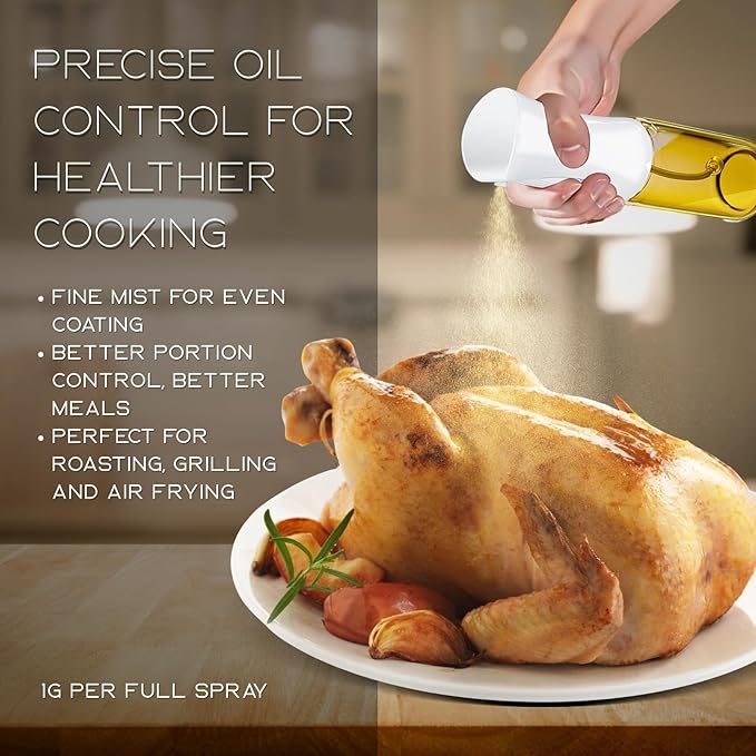 BOKKY Olive Oil Sprayer for Cooking, 220ml Glass Olive Oil Spray Bottle with Continuous Fine Mist, Food Grade Oil Sprayer for Air Fryer, Salad, BBQ, Baking, Frying (White / 1 Pack)