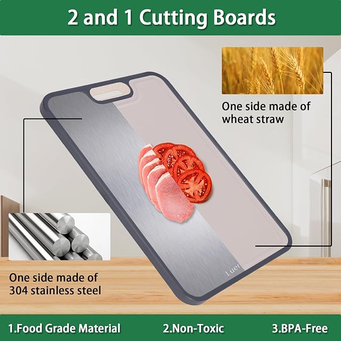 Cutting Board for Kitchen,304 Steel + Wheat Straw PP,Double-Sided Stainless Steel Cutting Boards,Easy to Clean,Non Slip with Handle,Dishwasher Safe,Size 15.1 x 10.4 Inch 1Pcs