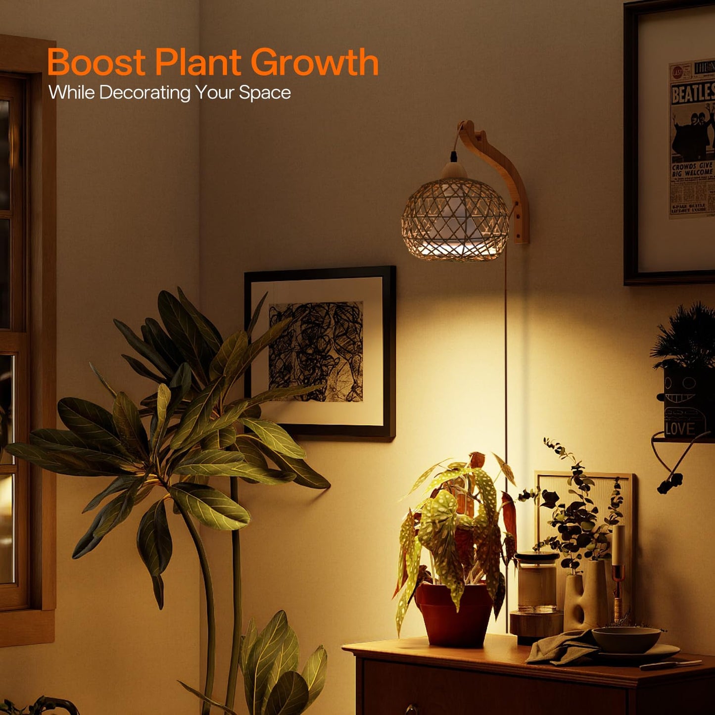 Bstrip 18W Hanging Grow Light for Indoor Plants, Full Spectrum, Boho Rattan Shade, 3800K, Warm White, Wall-Mounted, Model BP-W001
