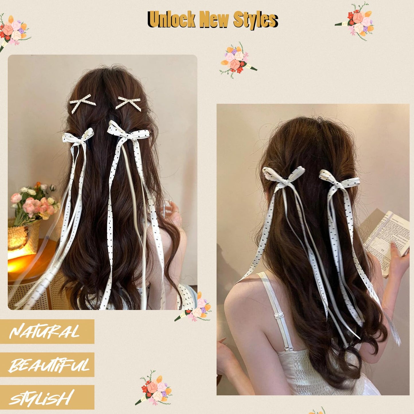 Mini Hair Bows for Women Girls Cute Hair Clips Small Alligator Long Tail Hair Ribbon Accessories -3 Styles -22P - Polka Dots