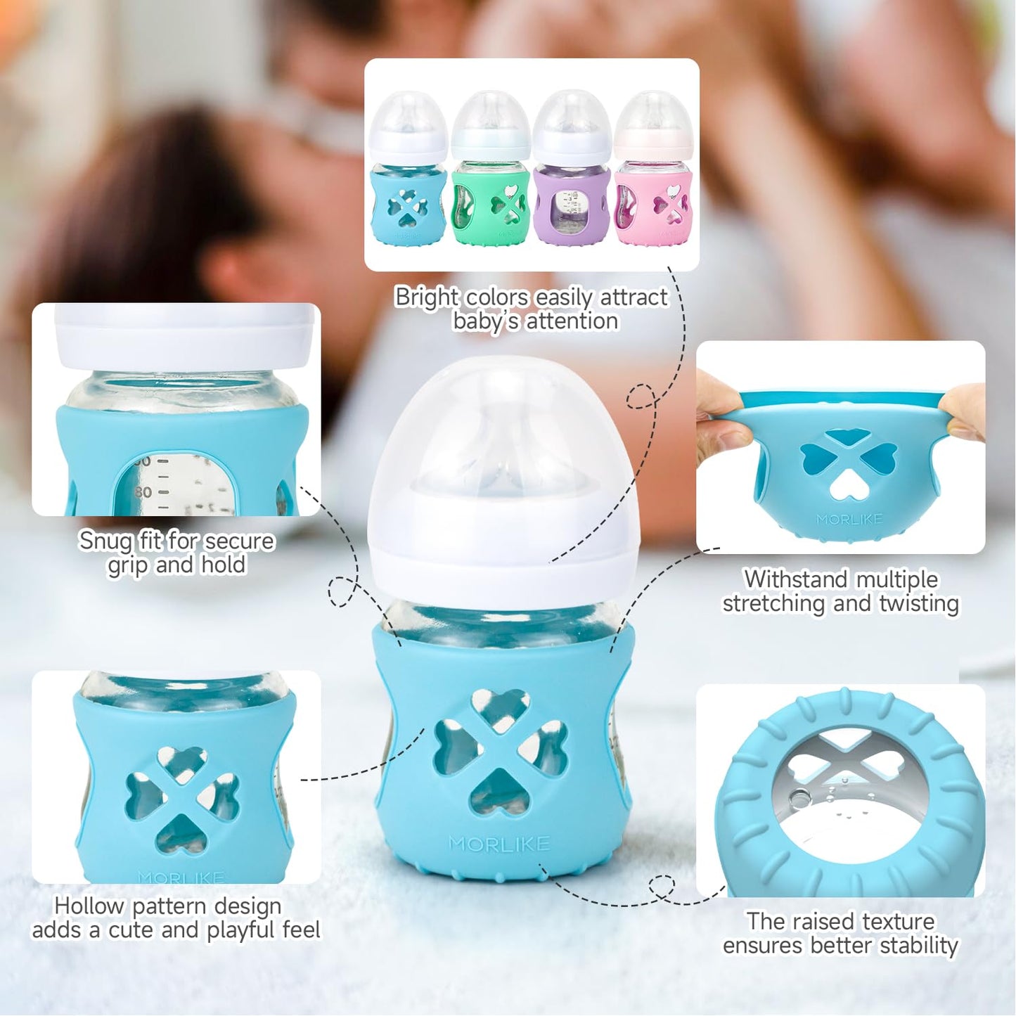 Morlike Silicone Baby Bottle Holder Sleeves Fit for Philips Avent Natural Glass Baby Bottles 4oz, 100% Silicone Baby Bottle Covers for SCY910, Protecting Glass Bottles, Dishwasher Safe (4 Pack)