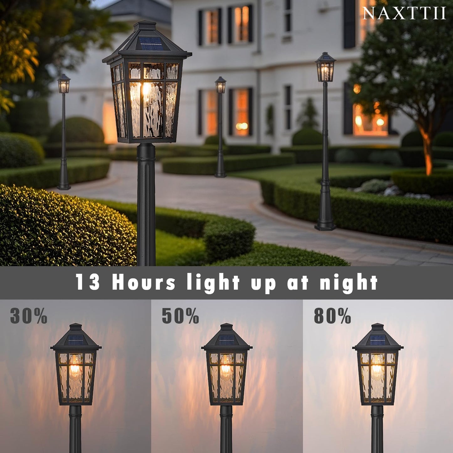 NAXTTII Outdoor Solar Lamp Post Light, 80.7 Inch, Black Aluminum, Waterproof with Remote Control, Model XN13R-M-SL-SW-BK