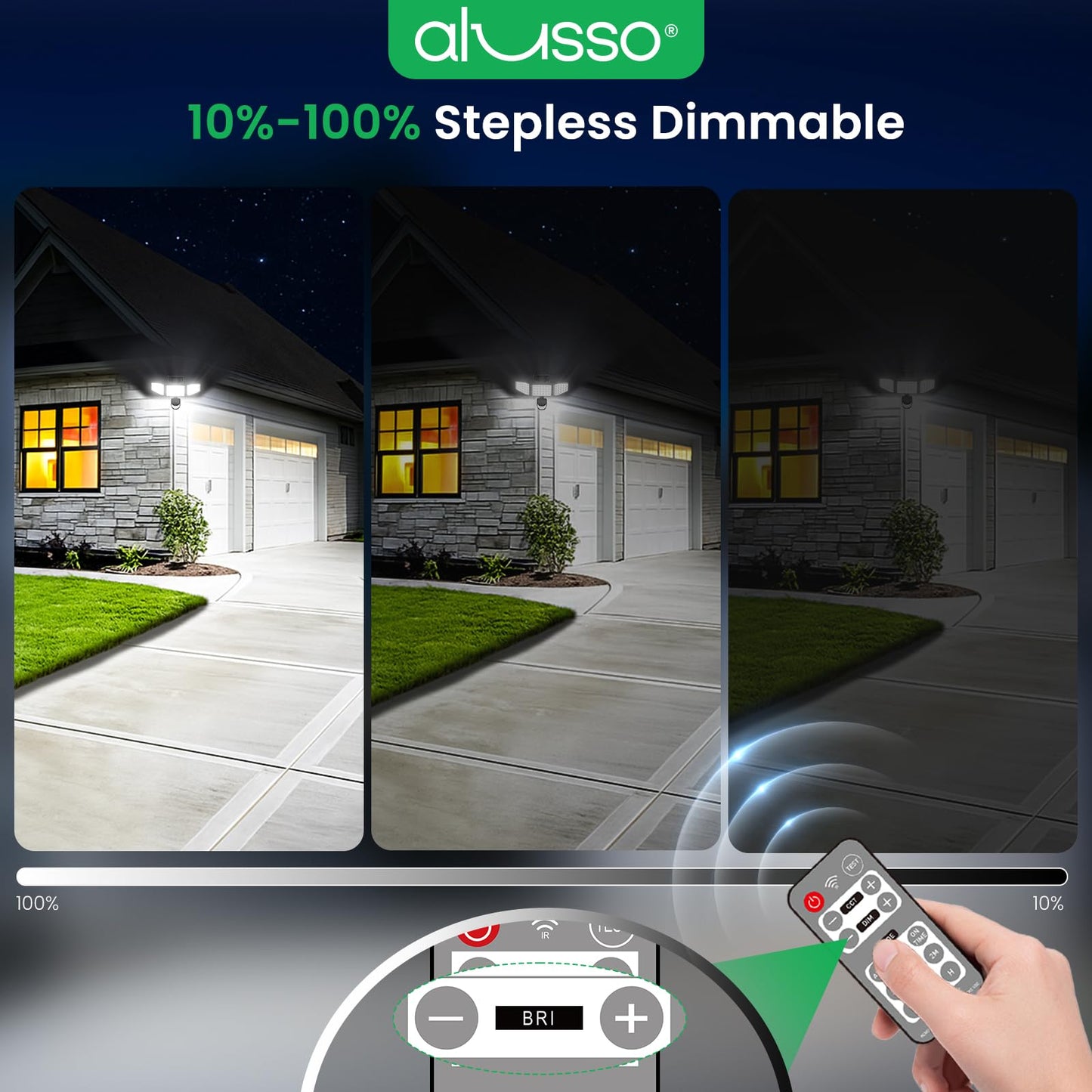 ALUSSO Solar Lights Outdoor, 3 Heads Motion Sensor, Dimmable 3000-6500K, IP54 Waterproof, Remote Control, Black, Model OT05