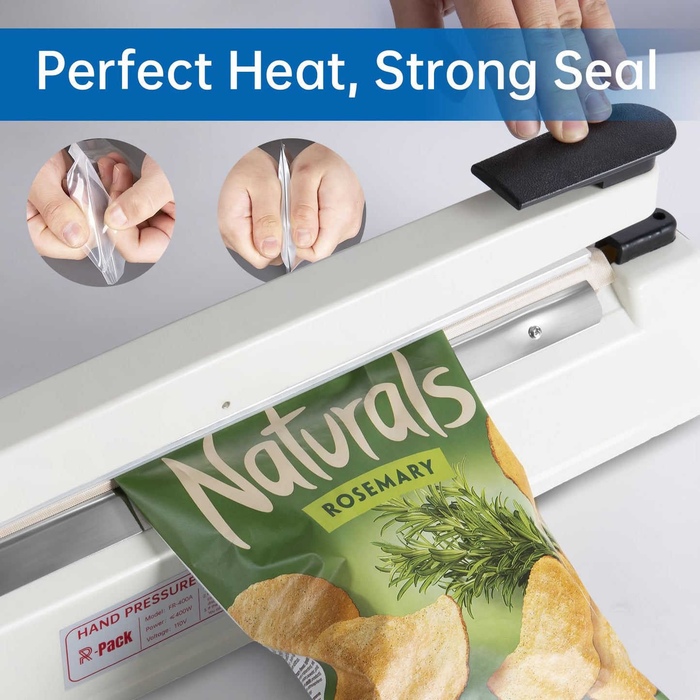 R-PACK Impulse Heat Sealer with Seal bar, Heavy-Duty Bag Sealing & Cutting Machine, 2 Extra Replacements (white, 8inch)