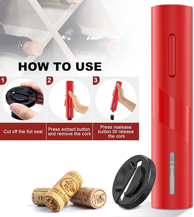 COKUNST Electric Wine Opener, Reusable Cordless Wine Bottle Corkscrew with Foil Cutter, Battery Operated Wine Openers for Wedding Kitchen Party Home Red