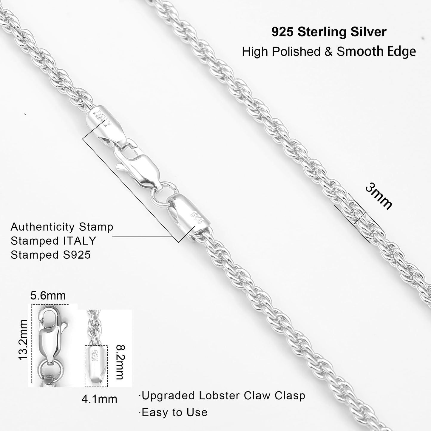 Waitsoul 925 Sterling Silver Rope Chain Lobster Clasp 3mm Silver Chain for Women Men Silver Necklace Chain 30 Inch